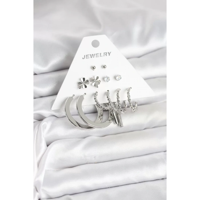 Pirinç Gümüş Renk 6 Çift Kadın Küpe Seti - TJ-BKP11332