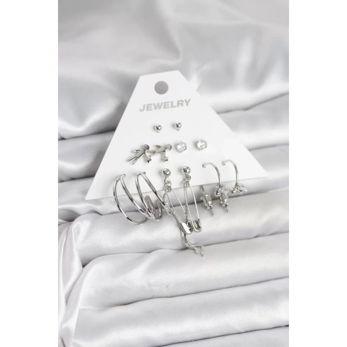 Pirinç Gümüş Renk 6lı Kadın Küpe Seti - TJ-BKP11329