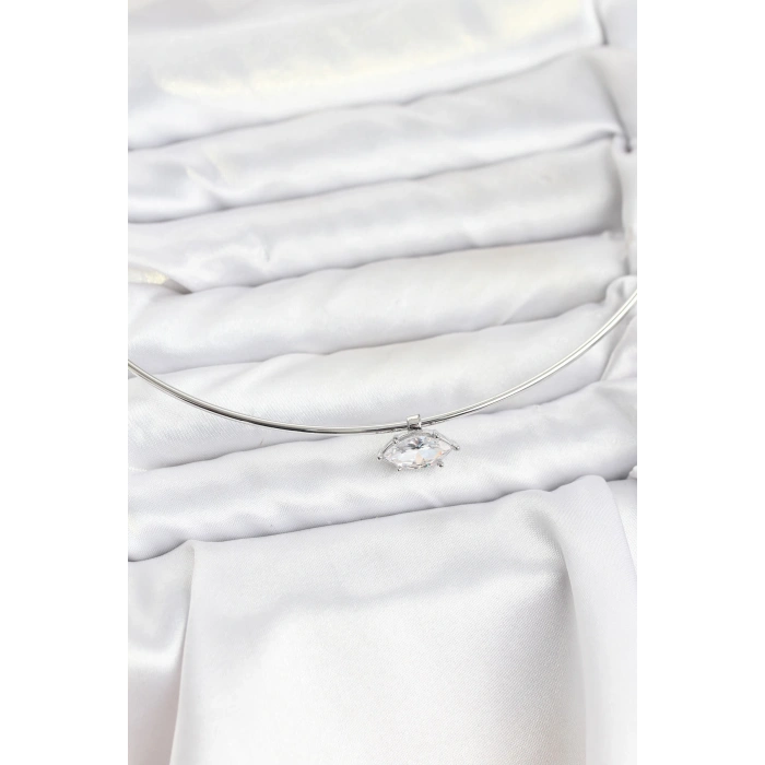 Pirinç Gümüş Renk Choker Model Zirkon Taşlı Kadın Kolye 5886