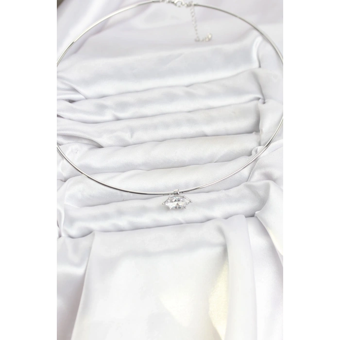 Pirinç Gümüş Renk Choker Model Zirkon Taşlı Kadın Kolye 5886