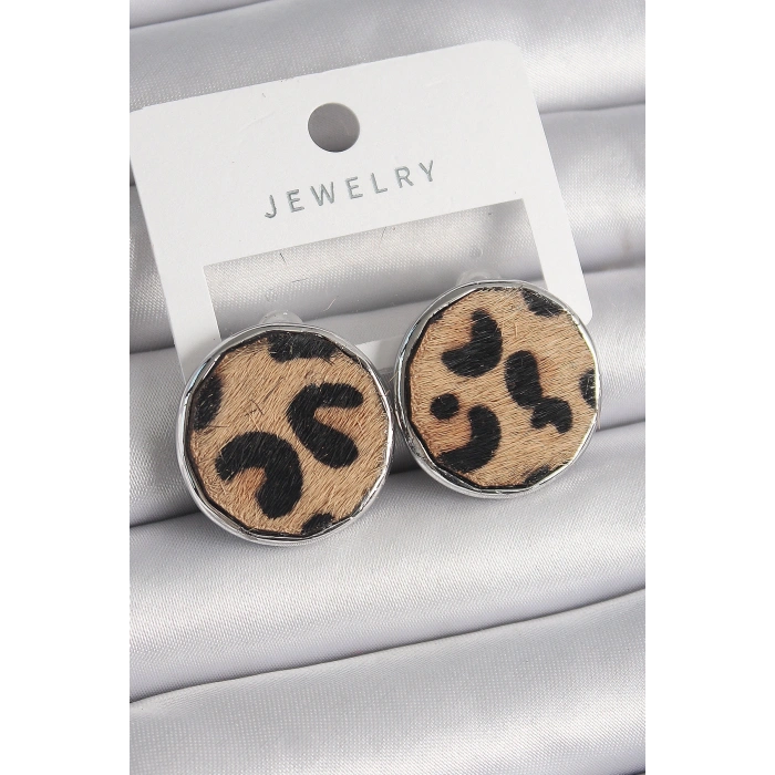 Pirinç Gümüş Renk Daire Plaka Model Leopar Desenli Kadın Küpe 5886