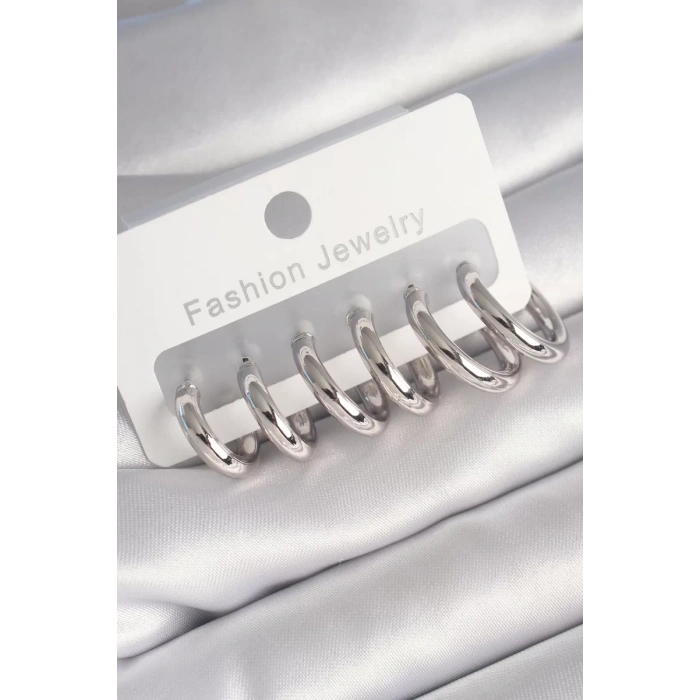 Pirinç Gümüş Renk Halka Model Kadın Küpe Seti - TJ-BKP8764