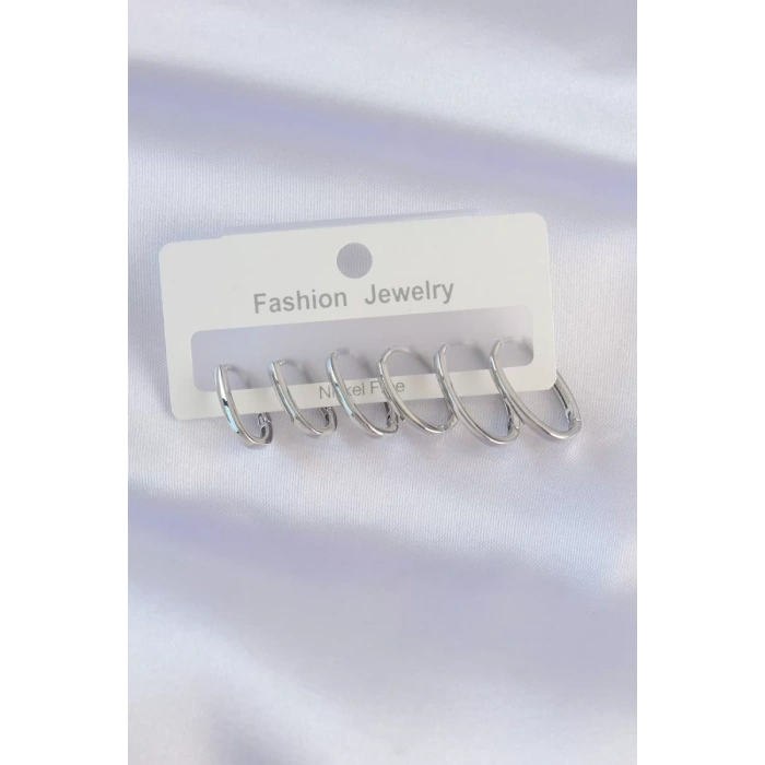 Pirinç Gümüş Renk İnce Oval Küpe Seti - TJ-BKP8989
