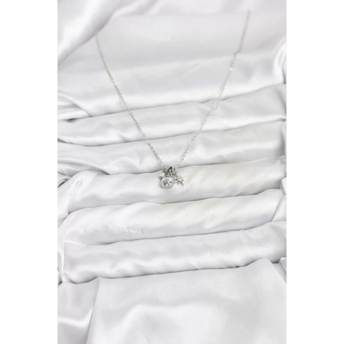 Pirinç Gümüş Renk Minimal Charmlı Kadın Kolye - TJ-BKO10804