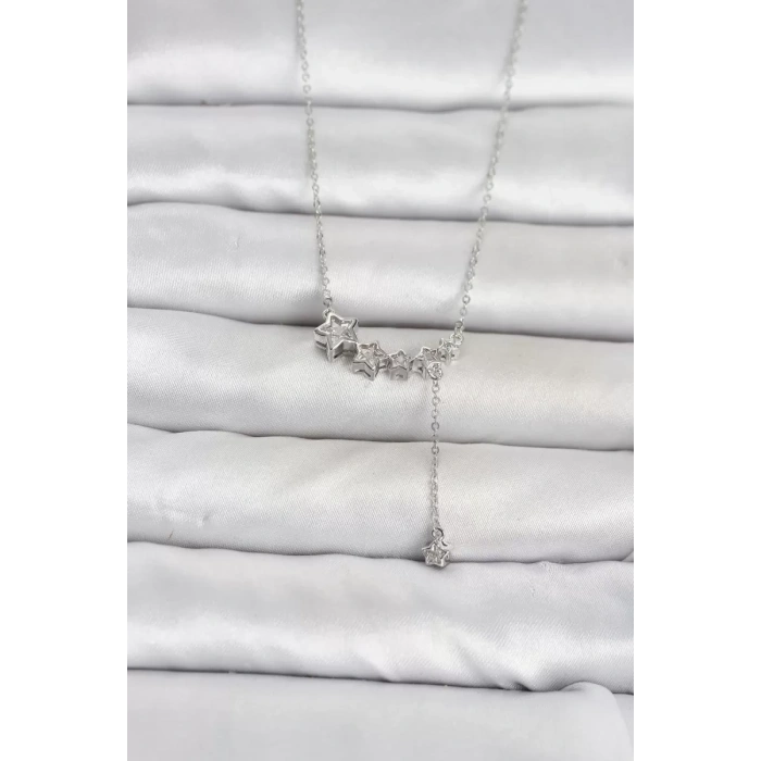 Pirinç Gümüş Renk Minimal Sallantılı Yıldız Model Kadın Kolye TJ-BKO11121