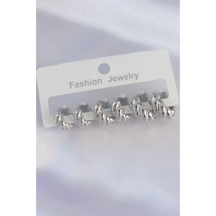 Pirinç Gümüş Renk Minimal Tırtıklı Küpe Seti - TJ-BKP8991