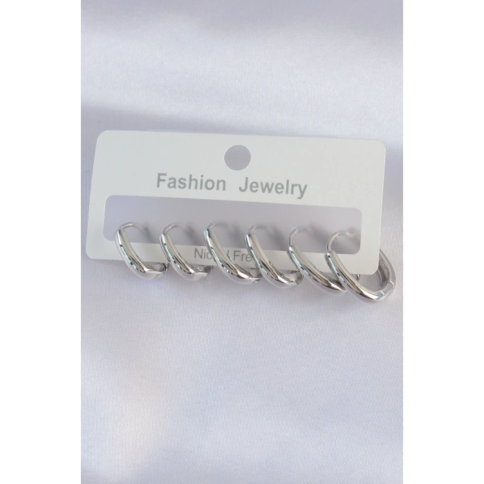 Pirinç Gümüş Renk Oval Küpe Seti 5886