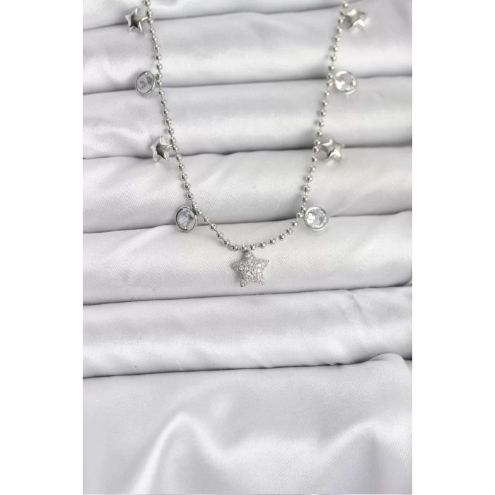 Pirinç Gümüş Renk Yıldız Model Kadın Kolye - TJ-BKO10650