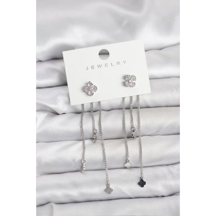 Pirinç Gümüş Renk Yonca Model Sallantılı Kadın Küpe - TJ-BKP11454