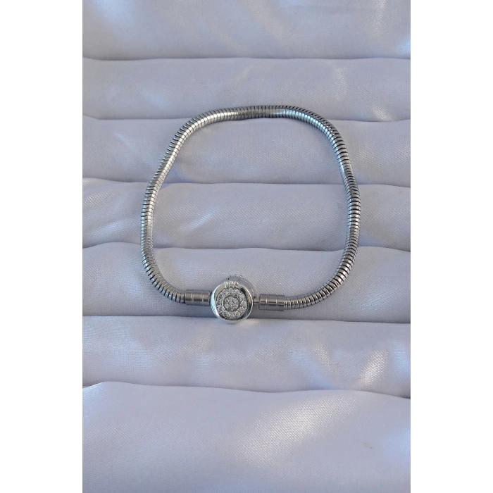 Pirinç Gümüş Renk Zirkon Taşlı Charm Bileklik 5886