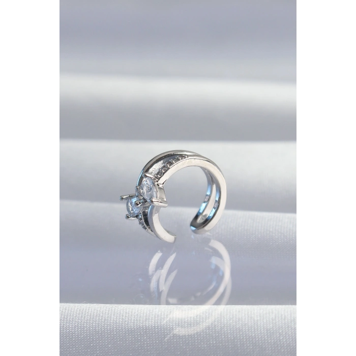 Pirinç Gümüş Renk Zirkon Taşlı Damla Earcuff Küpe 5886
