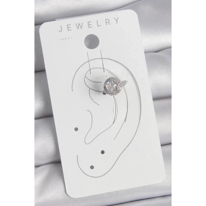 Pirinç Gümüş Renk Zirkon Taşlı Kadın Kıkırdak Model Küpe - TJ-BKP10559