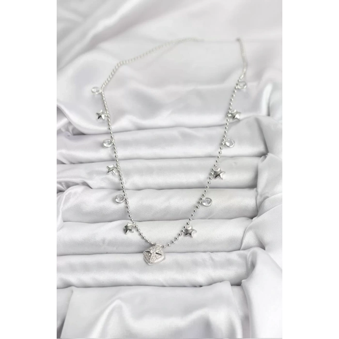 Pirinç Gümüş Renk Zirkon Taşlı Kutup Yıldızı Model Kadın Kolye - TJ-BKO10657