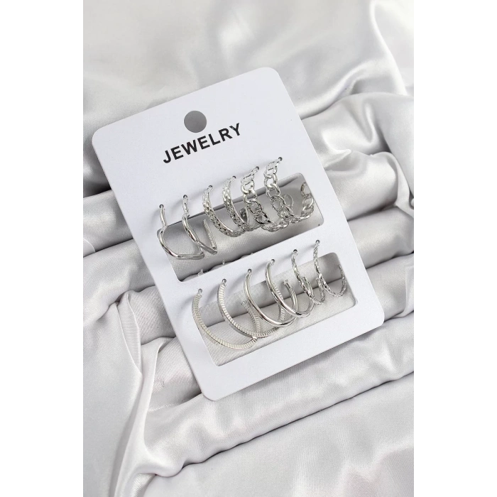 Pirinç Karışık Halka Model Gümüş Renk 6 Çift Kadın Küpe Set - TJ-BKP10876