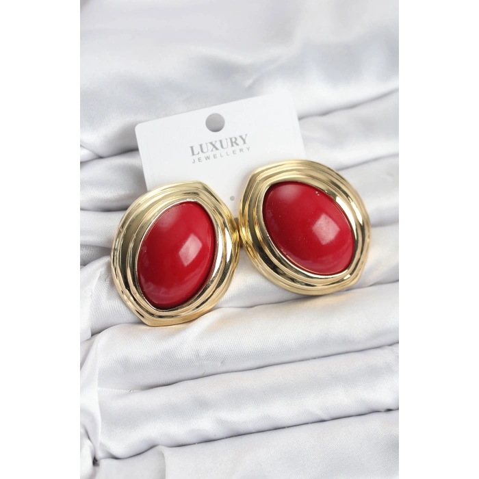 Pirinç Kırmızı Badem Model Vintage Gold Kadın Küpe 5886