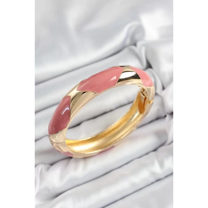 Pirinç Pembe Mineli Baklava Model Gold Renk Kadın Kelepçe TJ-BB7329
