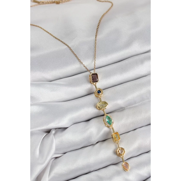 Pirinç Renkli Zirkon Taşlı Model Gold Renk Kadın Y Kolye - TJ-BKO10439
