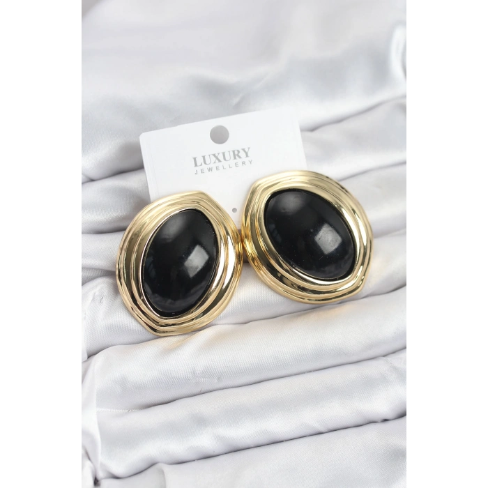 Pirinç Siyah Badem Model Vintage Gold Kadın Küpe 5886