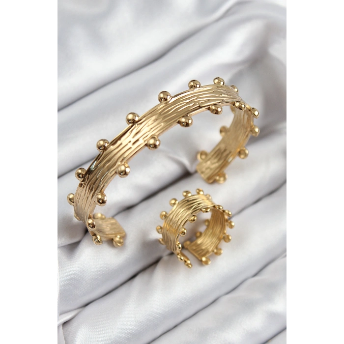 Pirinç Topcuk Model Gold Renk Bileklik Yüzük Set 5886