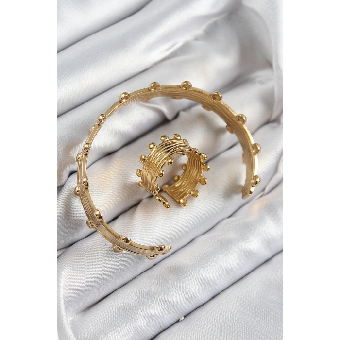 Pirinç Topcuk Model Gold Renk Bileklik Yüzük Set 5886