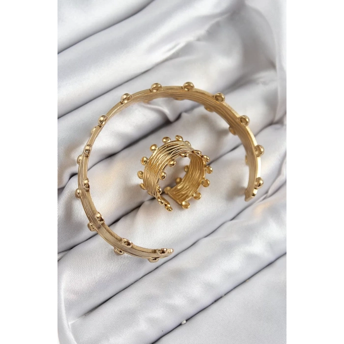 Pirinç Topcuk Model Gold Renk Bileklik Yüzük Set - TJ-BB7602