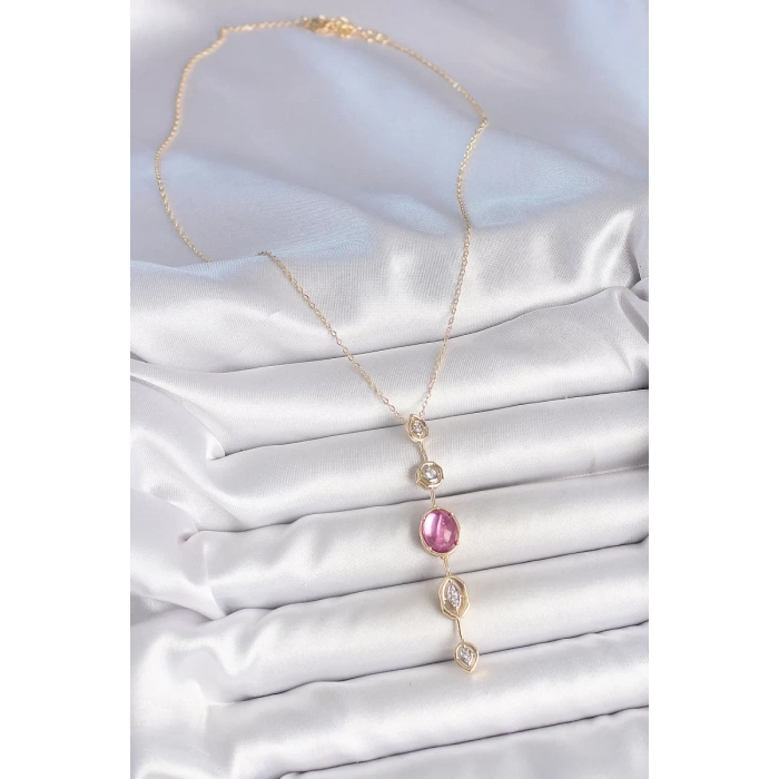 Pirinç Zincir Gold Renk Pembe Zirkon Taşlı Y Kolye - TJ-BKO10228