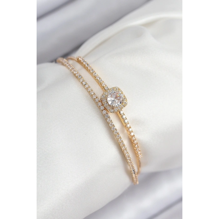 Pirinç Zirkon Taşlı Baget Model Gold Renk Kadın Bileklik 5886