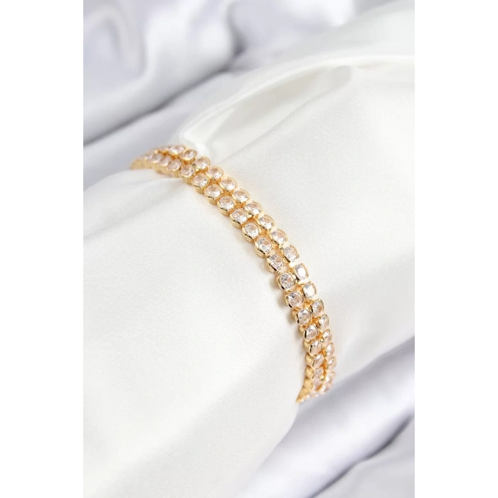 Pirinç Zirkon Taşlı Çift Sıra Model Gold Renk Asansörlü Kadın Bileklik - TJ-BB7739