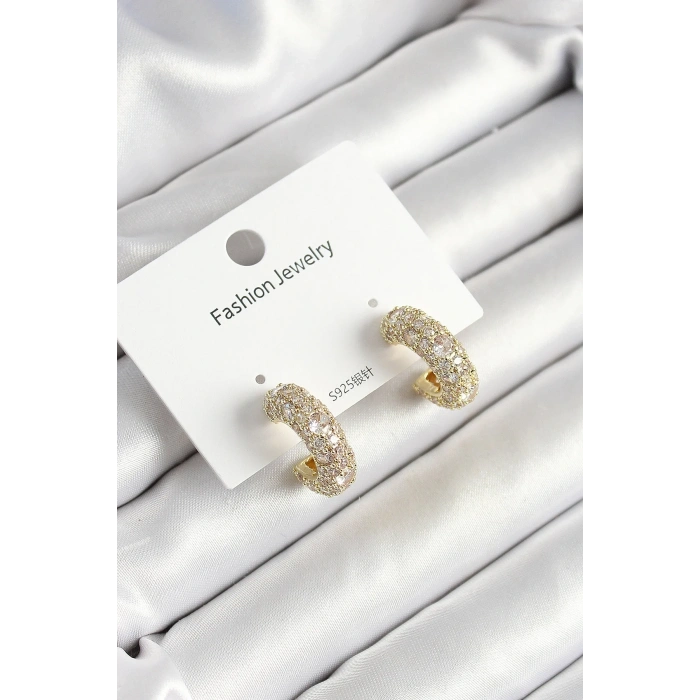 Pirinç Zirkon Taşlı Halka Model Gold Renk Kadın Küpe
