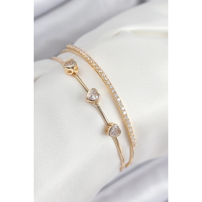 Pirinç Zirkon Taşlı Kalp Model Gold Renk Kadın Bileklik 5886