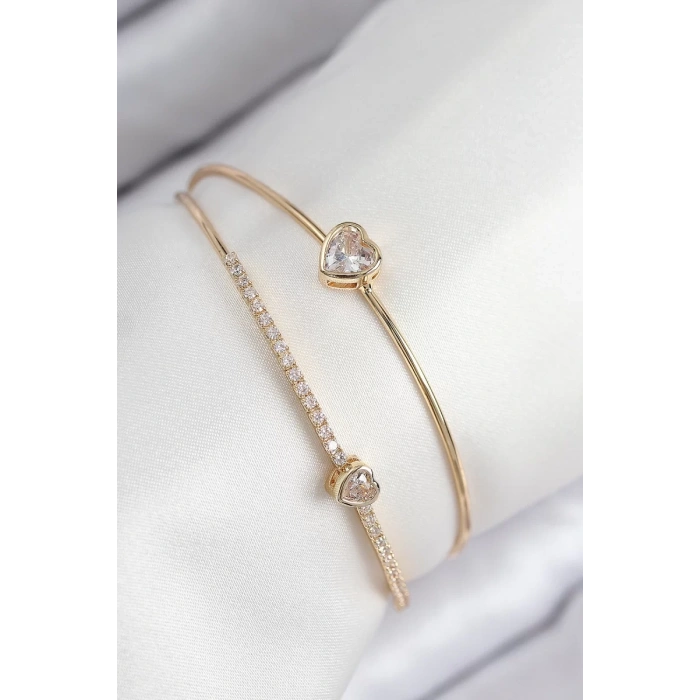 Pirinç Zirkon Taşlı Kalp Model Gold Renk Kadın Bileklik - TJ-BB7869