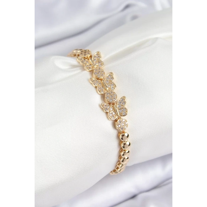 Pirinç Zirkon Taşlı Kelebek Model Gold Renk Kadın Bileklik - TJ-BB7541