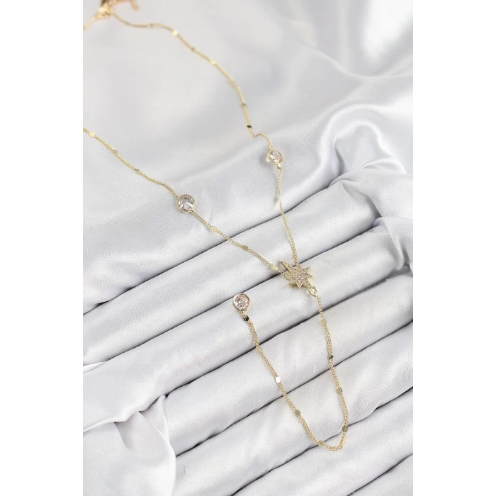 Pirinç Zirkon Taşlı Kutup Yıldızı Model Gold Renk Y Kolye - TJ-BKO10452