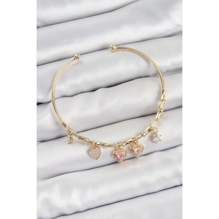Pirinç Zirkon Taşlı Pembe Kalp Model Gold Renk Charm Bileklik - TJ-BB7356