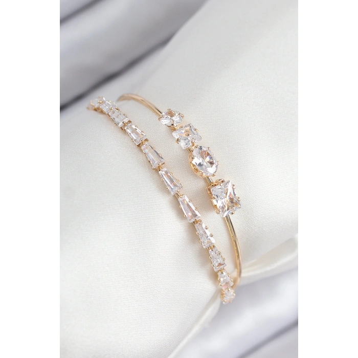 Pirinç Zirkon Taşlı Su Yolu Model Gold Renk Kadın Bileklik 5886