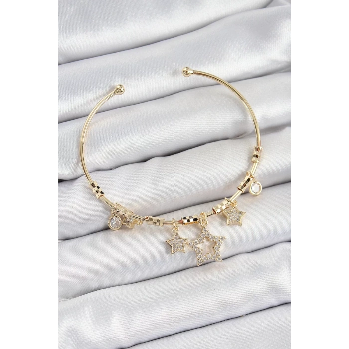 Pirinç Zirkon Taşlı Yıldız Model Gold Renk Charm Bileklik - TJ-BB7352