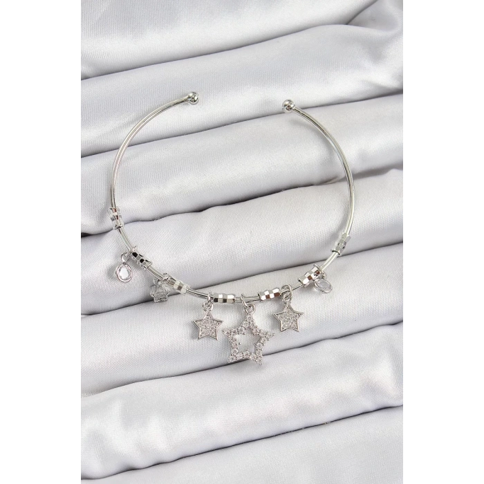 Pirinç Zirkon Taşlı Yıldız Model Gümüş Renk Charm Bileklik - TJ-BB7347