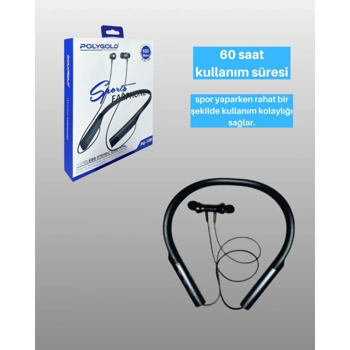 Polygold PG-100 Bluetooth 5.0 Boyun Bantlı Kulaklık – 50 Saat Konuşma Süresi Type-C Şarj