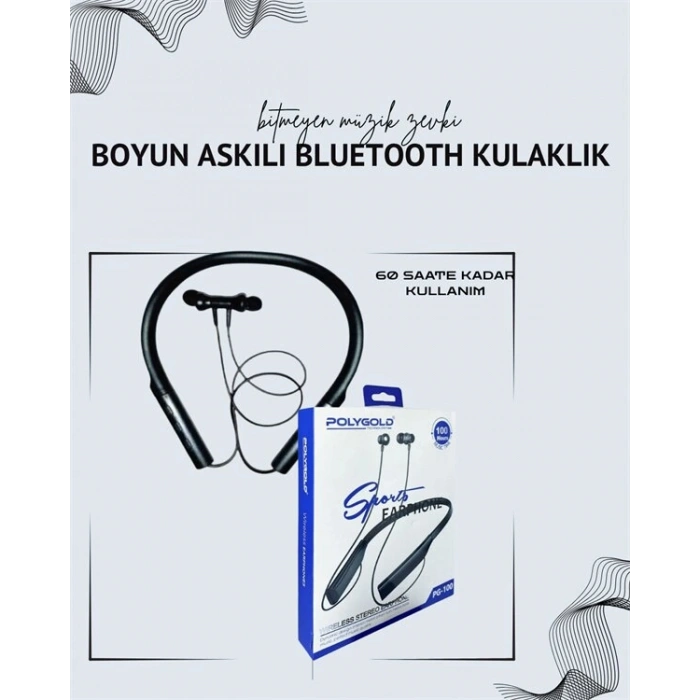 Polygold PG-100 Boyun Askılı Kablosuz Kulaklık – 200 Saat Bekleme Süresi Stereo Ses Mikrofonlu