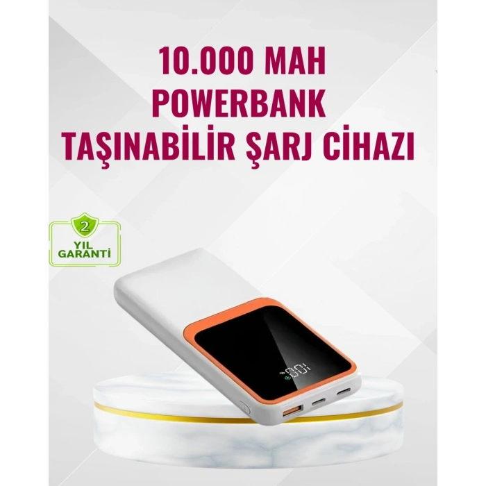 Powerbank 10000 mAh – Çift USB Çıkışlı Type-C Girişli Şık Beyaz Tasarım