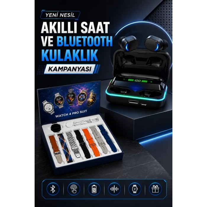 Powerbank Bluetooth Kulaklık Ve Akıllı Saat 7 Kordonlu Metal Kordon Plastik Kordon
