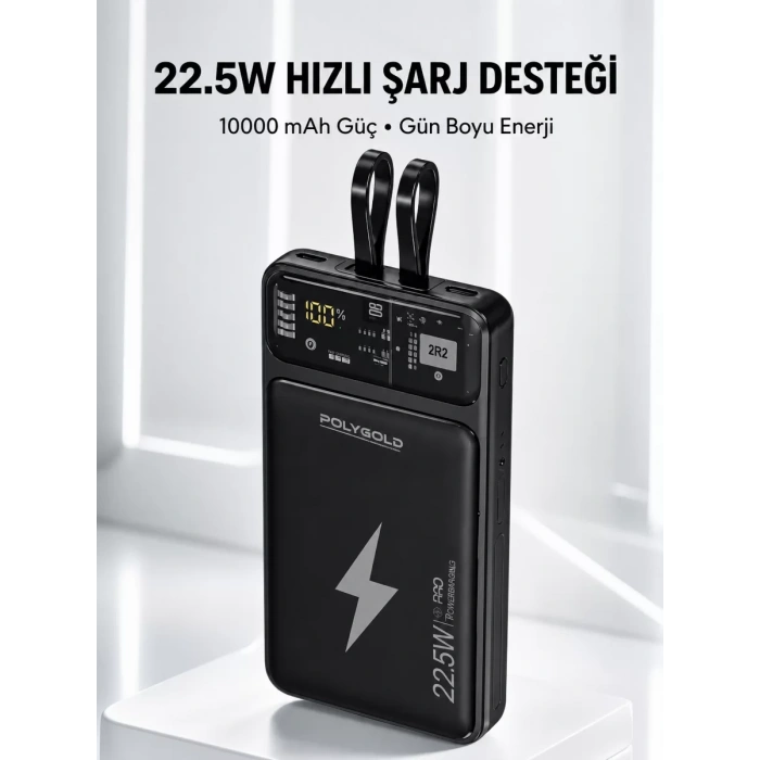 Powerbank Hızlı Şarj 10000 mAh Dahili Kablo Yeni Nesil