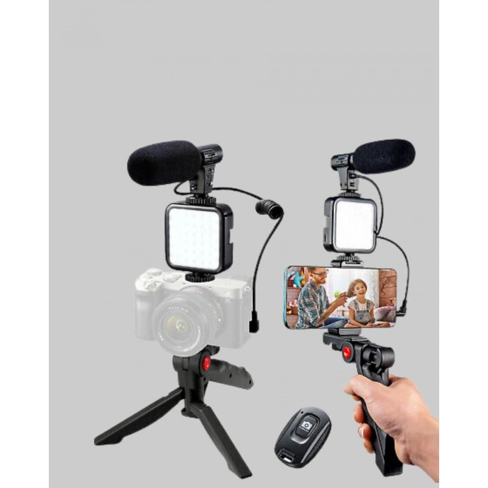 Profesyonel Vlog Çekim Kiti LED Işıklı Tripod Mikrofonlu Telefon Seti