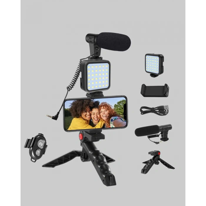 Profesyonel Vlog Çekim Kiti LED Işıklı Tripod Mikrofonlu Telefon Seti