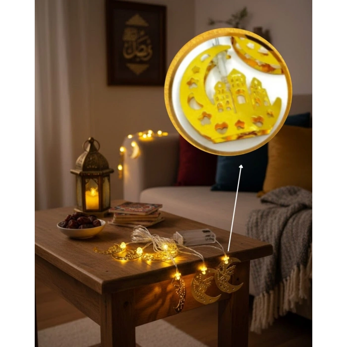 Ramazan Minare Detaylı Hilal LED Işık Günışığı Sarı Metal Süs