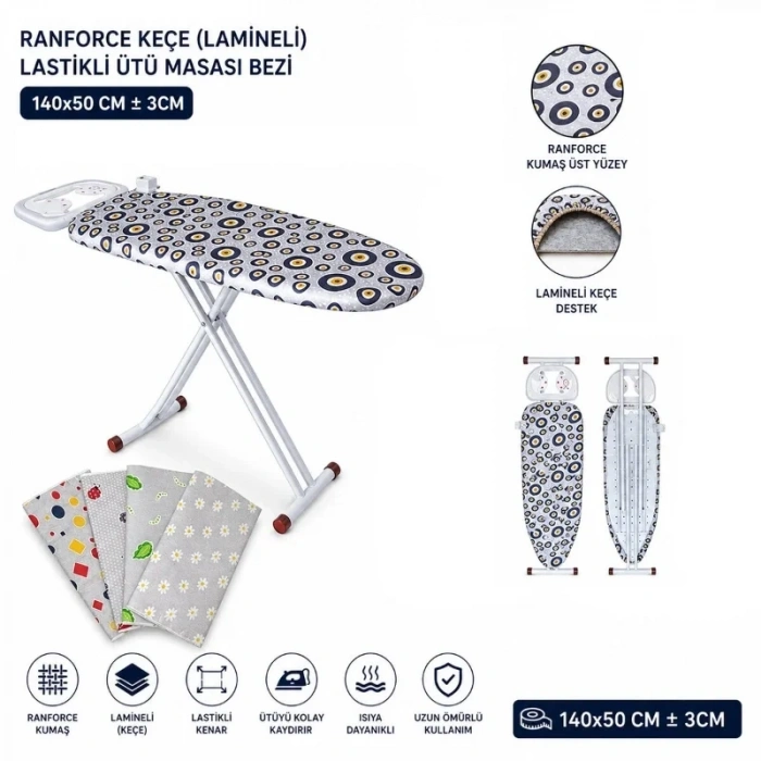 Ranforce Keçe Ütü Masası Bezi - Lastikli - Lamineli - 140x50 cm