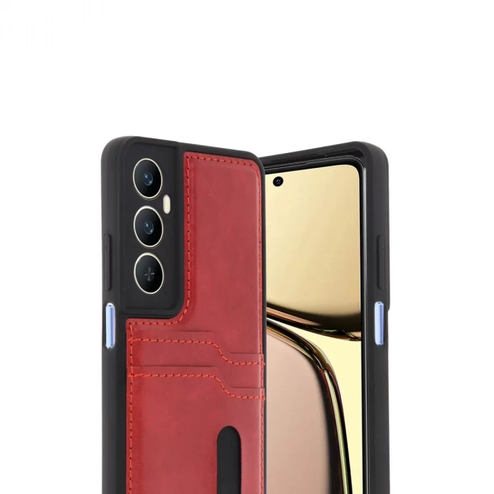 Realme C65 Sara Kartvizitli Deri Kılıf - Kırmızı