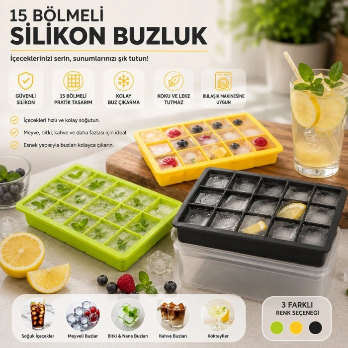 Renkli Pratik Buz Kalıbı - 15 Bölmeli - Silikon