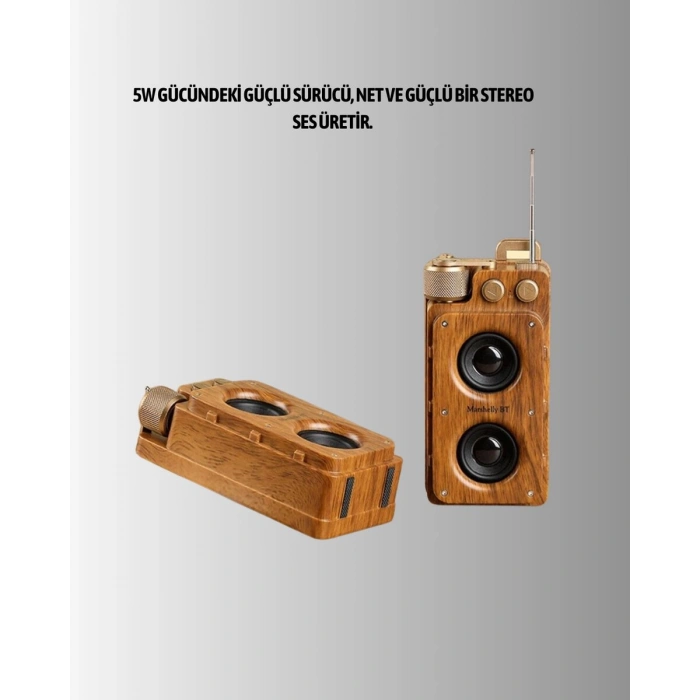 Retro Bluetooth Hoparlör Ahşap Görünümlü 5W Çift Stereo Ses