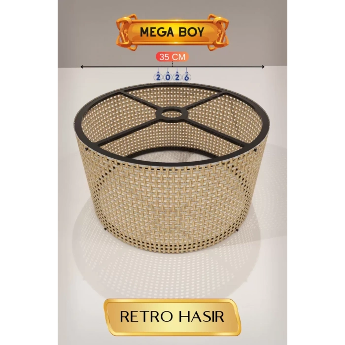 Retro Hasır Lambader Başlığı 35 CM Mega Boy